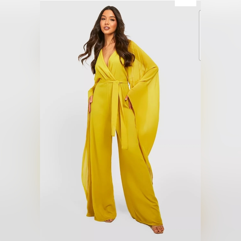 Boohoo Chartreuse Jumpsuit with Wide-Leg Palazzo Style and Dramatic Cape Sleeves